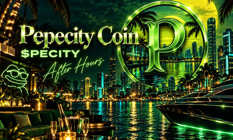 Glowing green Miami towers and waterfront
