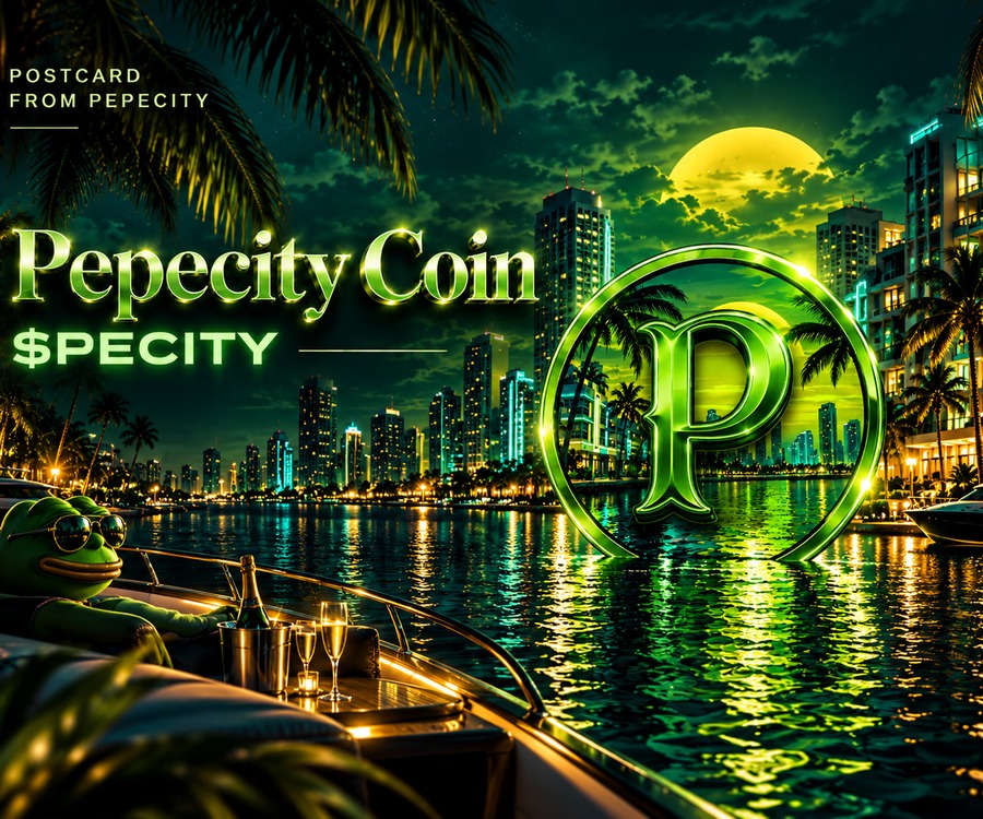 Emerald-lit Pepecity waterfront at night